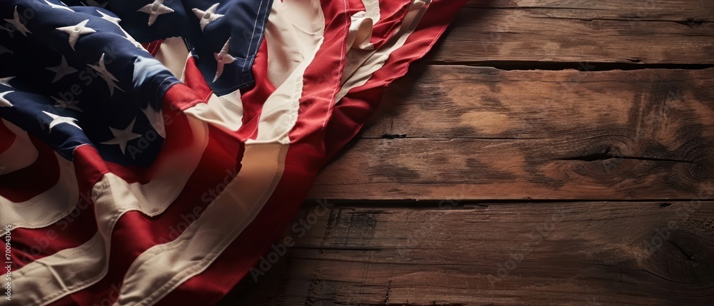 Poster a close up of an american flag on a wooden background with space for a text or an image to put on a 