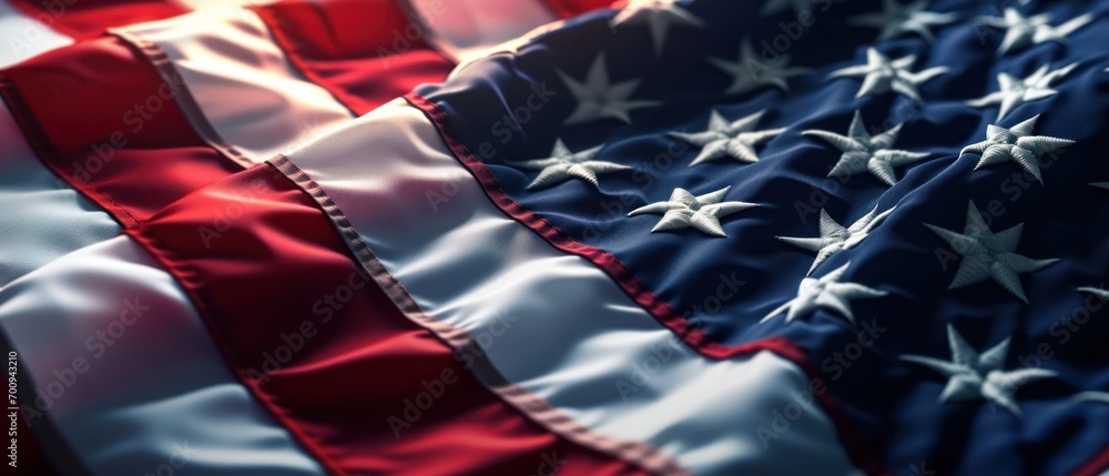Poster a close up of an american flag with a red white and blue flag in the middle of the image and a red w