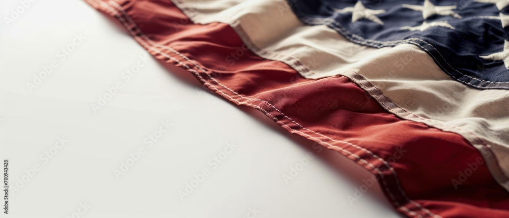 Poster a close up of an american flag on a white surface with space for a text on the left side of the imag