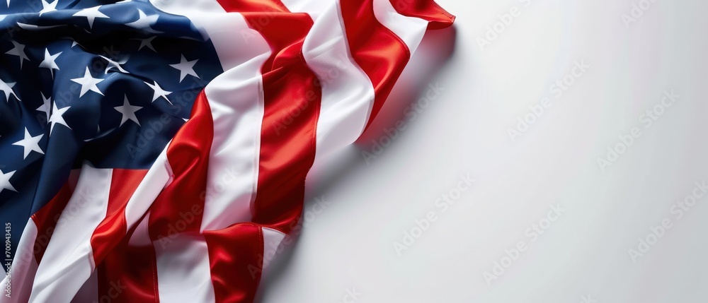 Poster a close up of an american flag waving in the wind on a white background with space for text or image