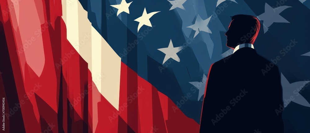 Poster a man in a suit standing in front of an american flag with the image of a man in a suit standing in 
