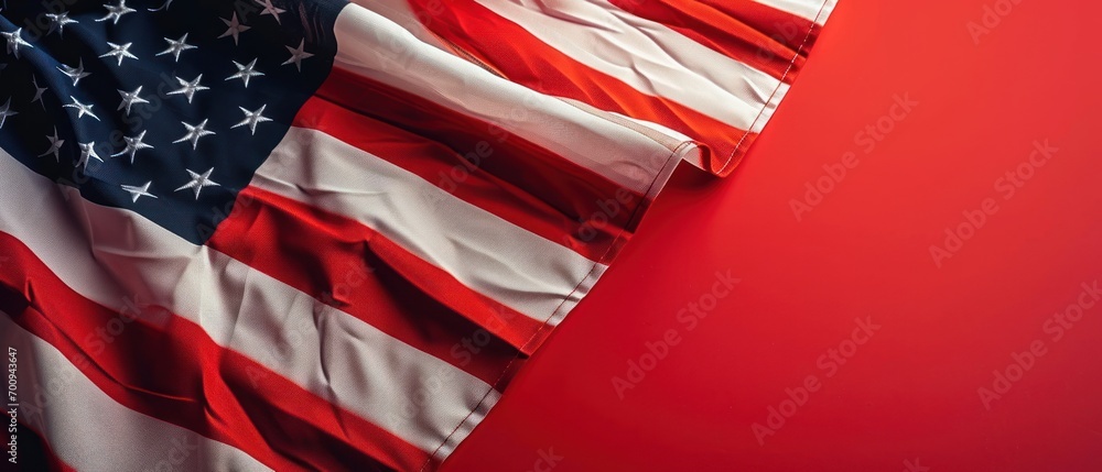 Poster a close up of an american flag on a red background with space for a text or an image of an american 