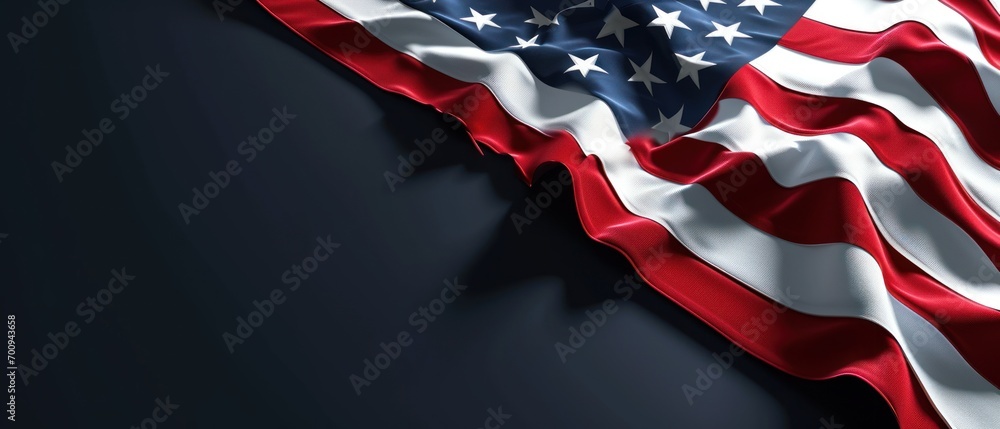 Poster a close up of an american flag on a dark background with space for a text or a logo on the left side