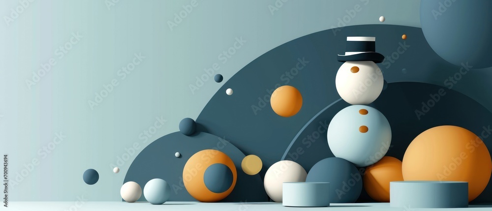 Poster a snowman is standing in front of a blue and orange background with circles and dots on the bottom o
