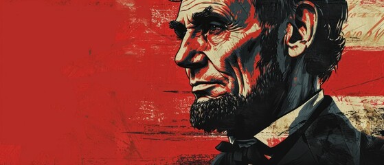  a painting of a man with a beard and a bow tie in front of a red wall with a painting of abraham lincoln.
