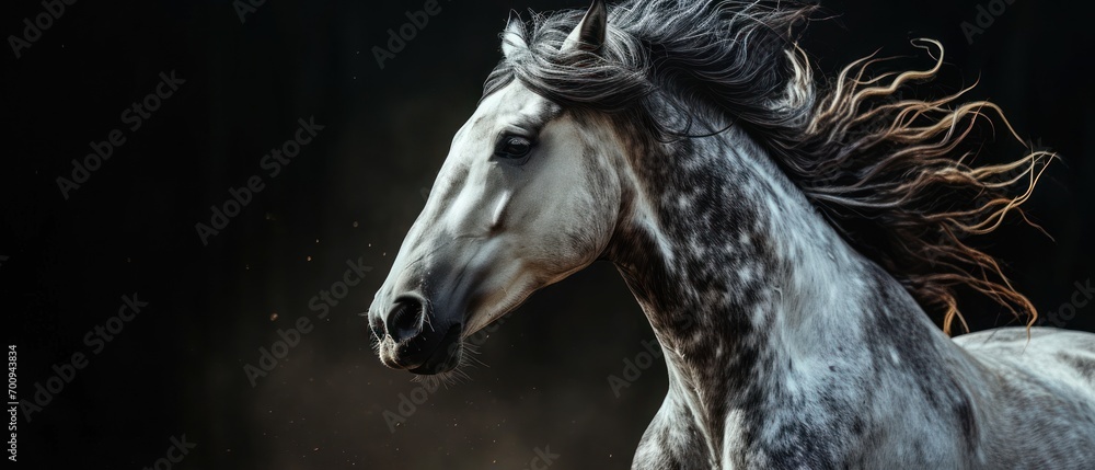 Poster a white and black horse with its hair blowing in the wind in front of a black background with smoke 