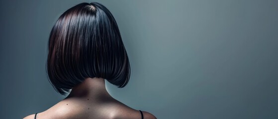  the back of a woman's head with her hair in a sleek, straight, blunted bob cut. - obrazy, fototapety, plakaty