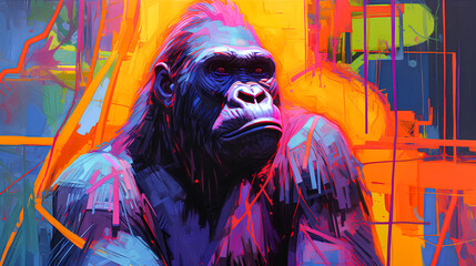 A painting of a... Cybernetic Chimp Majesty, Neon Jungle's Guardian, Chrome Fur Symphony, Glitch Gorilla Ascending, Digital Beast with Soulful Stare.