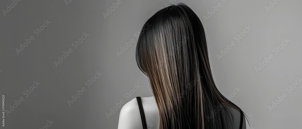 Canvas Prints  the back of a woman's head with long, straight, shiny, brown hair in front of a gray background.