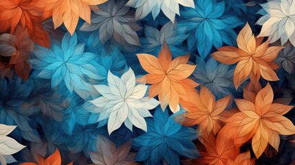 blue and orange flowers with leaves pattern background - obrazy, fototapety, plakaty