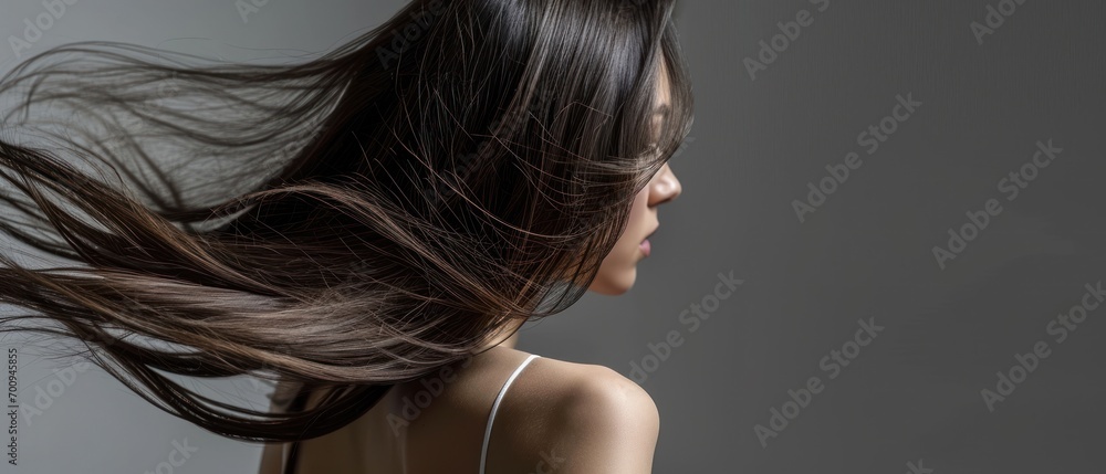 Sticker  the back of a woman's head with her long hair blowing in the wind in front of a gray background.