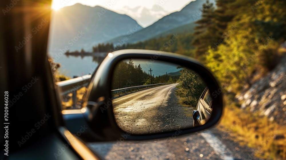 Poster a side view mirror on the side of a car with mountains in the back ground and trees on the side of t