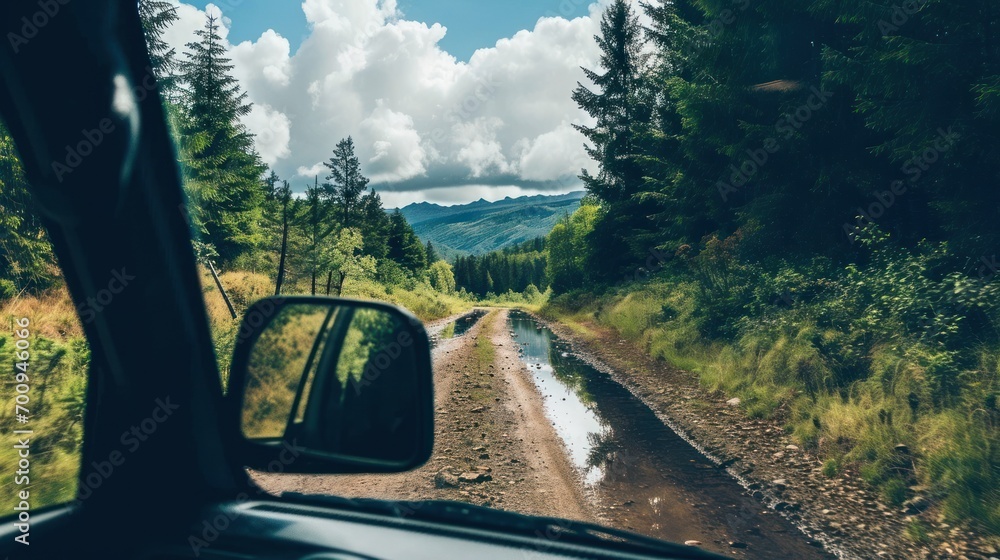 Poster the view from inside a car of a dirt road with trees and mountains in the distance and a puddle of w