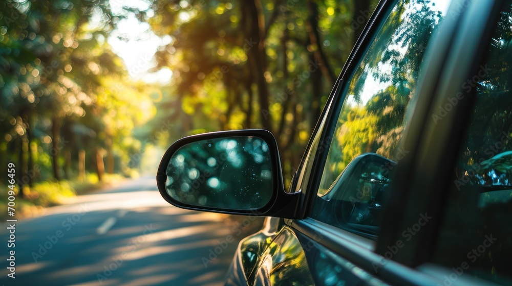 Poster a rear view mirror of a car on the side of a road with trees in the backgrouund.