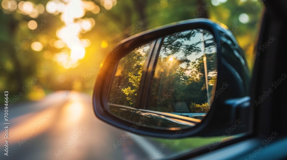 Poster a rear view mirror of a car on the side of the road with trees in the reflection of the rear view mi
