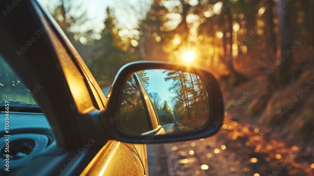 Poster the rear view mirror of a car is reflecting the trees in the rear view mirror of a car's side view m