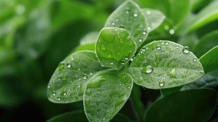 Green leaves with water drops, close-up. Nature background