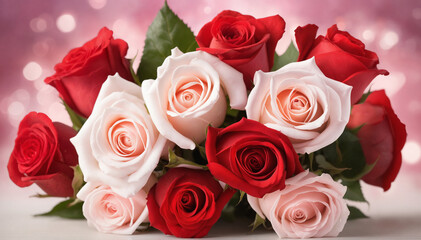 A bouquet of vibrant red and pink roses stands out against a soft pastel pink background, adding a touch of romance.