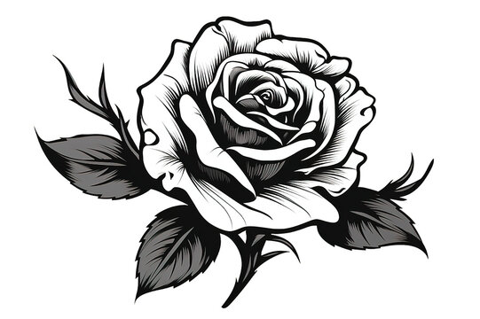 Beauty rose outline art tattoo design element isolated on PNG Background. Generative Ai.