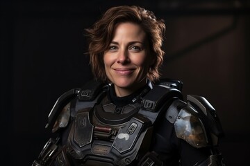 Portrait of a female cosplayer wearing a suit of armour and armor