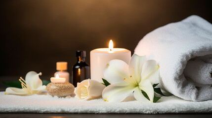 Obraz na płótnie Canvas Beautiful spa composition on massage table in wellness center