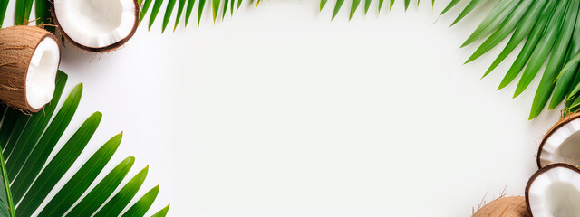 background coconut and leaves on a white background - obrazy, fototapety, plakaty