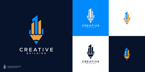 Creative building logo design vector template, Combination pencil and building logo.
