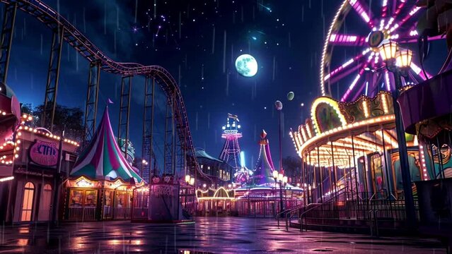Amusement Park in the night with moon and star, loop video background animation, cartoon anime style, for vtuber / streamer backdrop