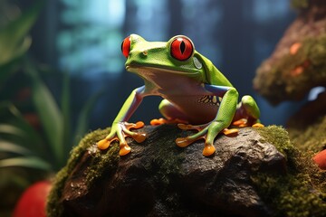 Green tree frog with red eyes on stone  - obrazy, fototapety, plakaty
