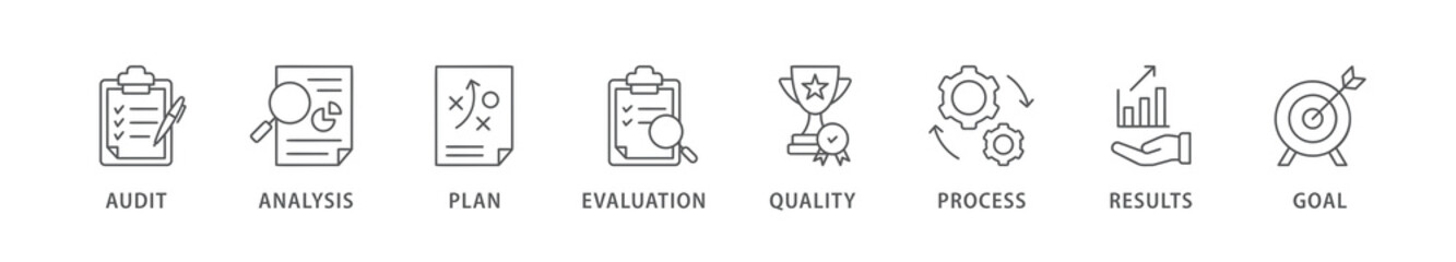 Assessment banner web icon vector illustration concept  accreditation and evaluation method on business and education with audit, analysis, plan, evaluation, quality,process,results and goal icon