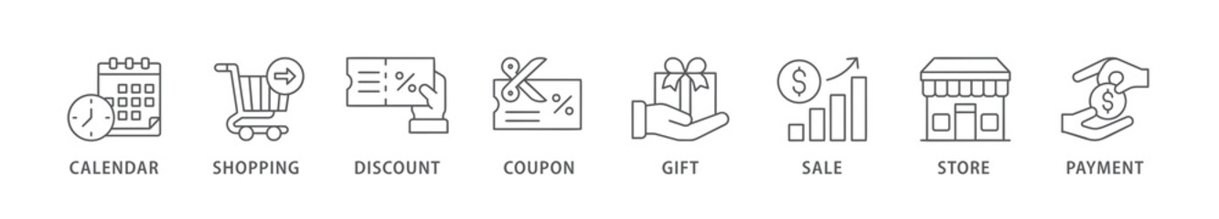 Black friday banner web icon vector illustration concept with icon of calendar, shopping, discount, coupon, gift, sale, store, payment