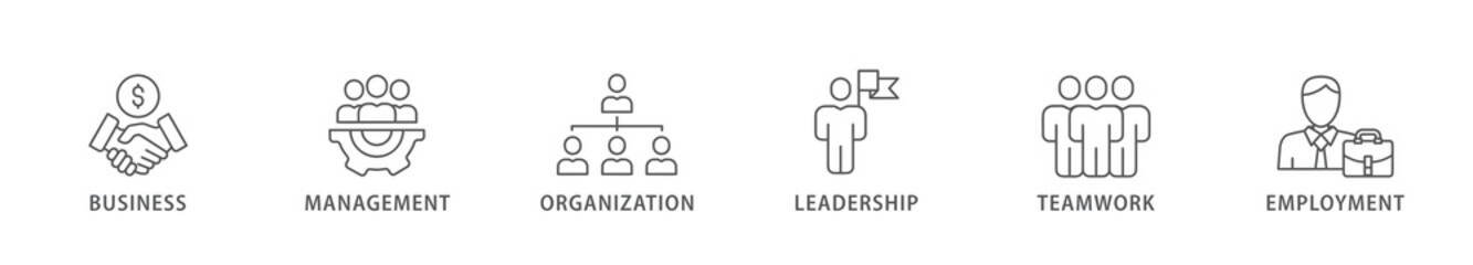 Business management banner web icon vector illustration concept with icon of business, management, organization, leadership, teamwork and employment