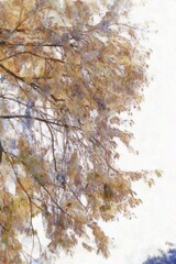 A large tree with bushy leaves and branches Illustrations in chalk crayon colored pencils impressionist style paintings.