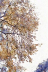 A large tree with bushy leaves and branches Illustrations in chalk crayon colored pencils impressionist style paintings.