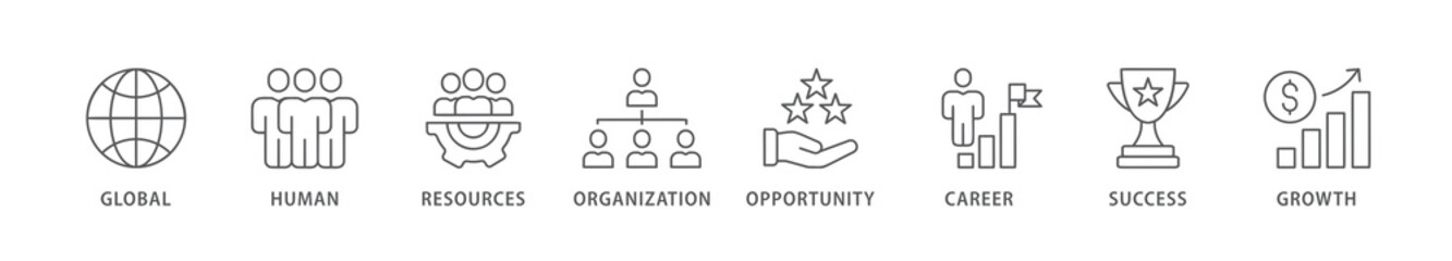Management banner web icon vector illustration concept with icon of global, human resources, organization, opportunity, career, success and growth