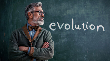 Senior teacher standing in front of a chalkboard with the word evolution written on it