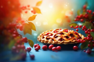 Fresh cherry pie on a blue background. Bokeh effect. Abstract background for February 20: Cherry Pie Day 
