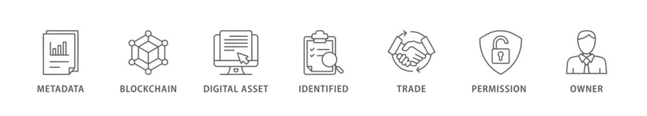 Nft banner web icon vector illustration concept with icon of metadata, blockchain, digital asset, identified, trade, permission and owner
