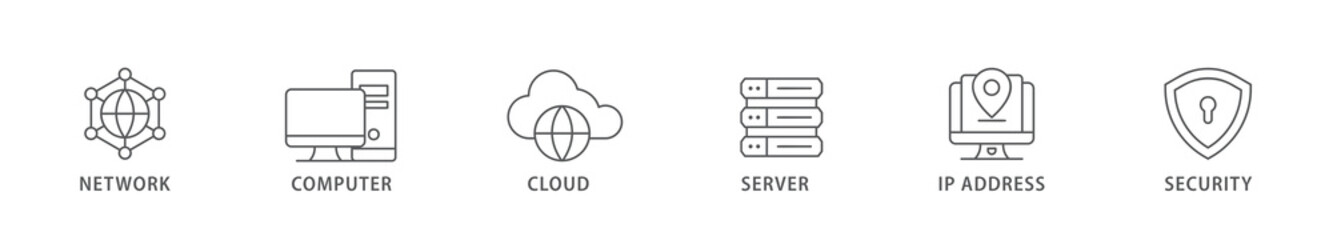 Network technology banner web icon vector illustration concept with icon of network, computer, cloud, server, ip address and security