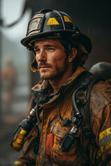 Naklejka premium Brave Valor: Young, Attractive, Muscular Man in Firefighter's Heroic Attire