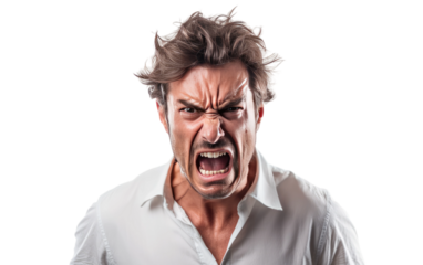 Capturing the Raw Fury of an Angry Man in a Clear on a White or Clear Surface PNG Transparent Background.