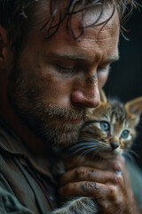 Harmony Unleashed: Young, Attractive, Muscular Man Embracing Kitten in Arms