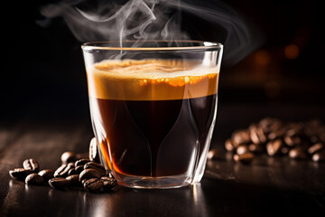 Close-up view of a brewed espresso shot, with a rich crema layer on a dark background. Shallow depth of field