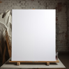Mockup of blank white canvas on wood tripod easel display for painting with blurred indoor studio background.