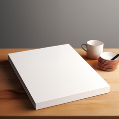 Mockup book with clear white cover on a wooden desk with a coffee cup and gray background.