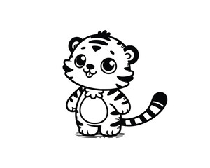 Cute Cartoon Character of tiger for coloring book. outline line art. Printable Design. isolated white background
