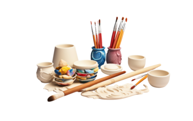 Unveiling the Artistic Tools of a Ceramic Painting Kit on a White or Clear Surface PNG Transparent Background.