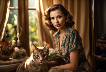 Young woman spending time with her cat on the sofaon the living room floor in a warm home environment
