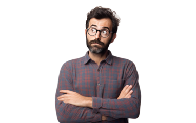 A Detailed Look at the Isolated Confused Man Portraying a State of Confusion on a White or Clear Surface PNG Transparent Background.