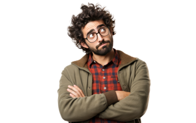 Exploring the Perplexed Demeanor of the Isolated Confused Man on a White or Clear Surface PNG Transparent Background.